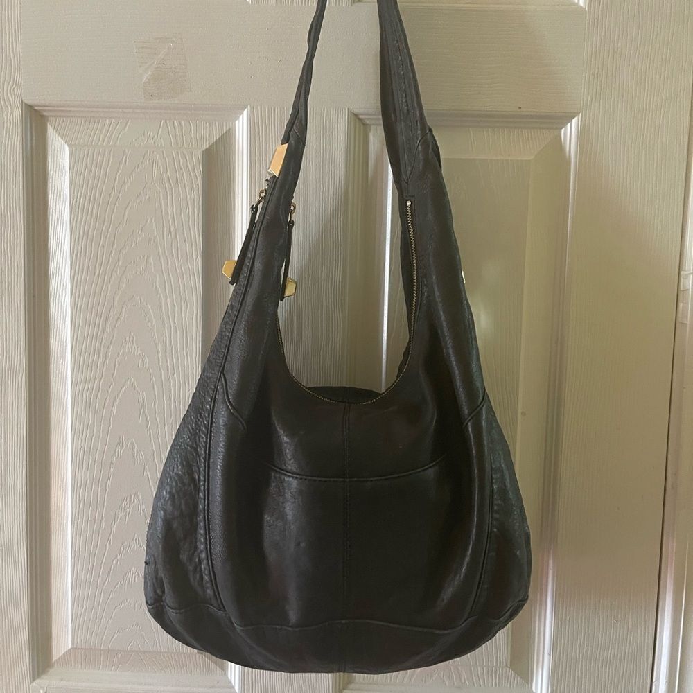 Vince Camuto Black Leather Hobo with Gold-Tone Accents